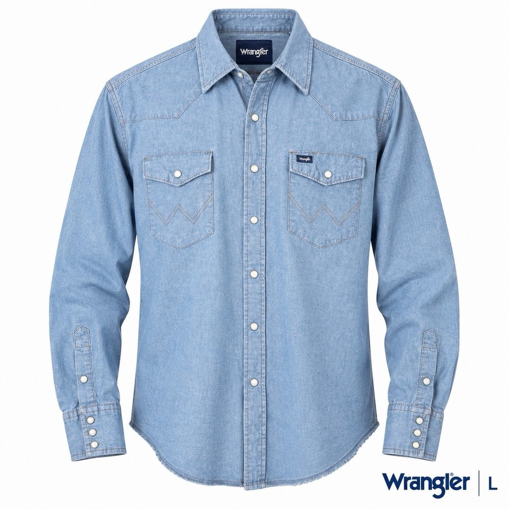 Wrangler Mens Large Blue Chambray Western Shirt Pearl Snap Long Sleeve Raw Hem
